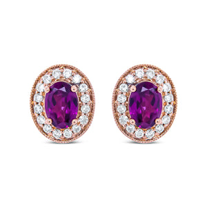 14K Rose Gold 7x5mm Oval Cut Garnet and 3/8 Cttw Round Diamond Halo Stud Earrings (G-H Color, SI1-SI2 Clarity)