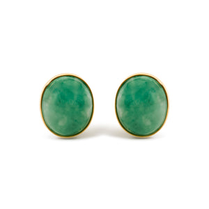18K Yellow Gold 12x10 MM Bezel Set Oval Green Aventurine Stud Earrings