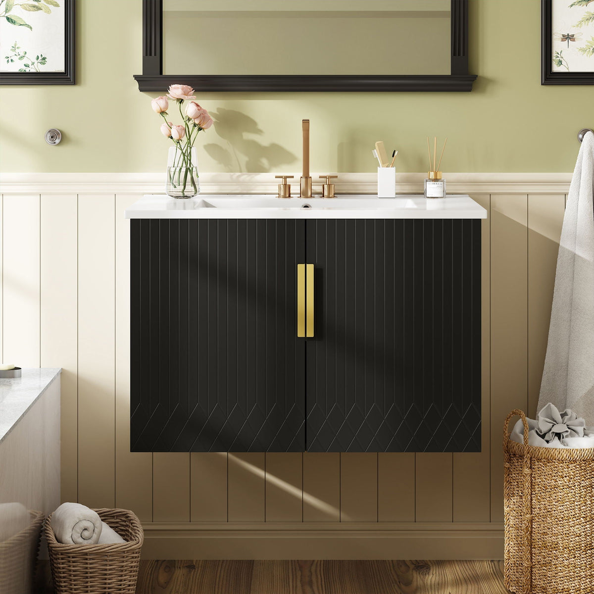 Modern Rectangular Bathroom Vanity With Sink and Soft-Close Storage - Black or White