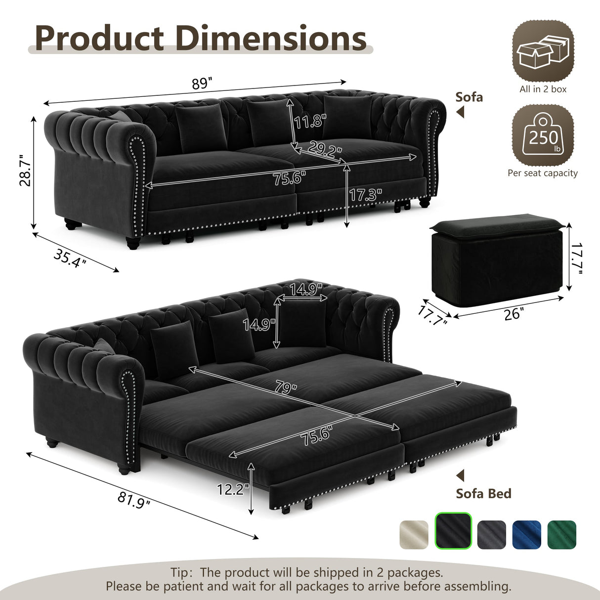 Chesterfield Sofa Bed - 3-in-1 Convertible Velvet Sofa