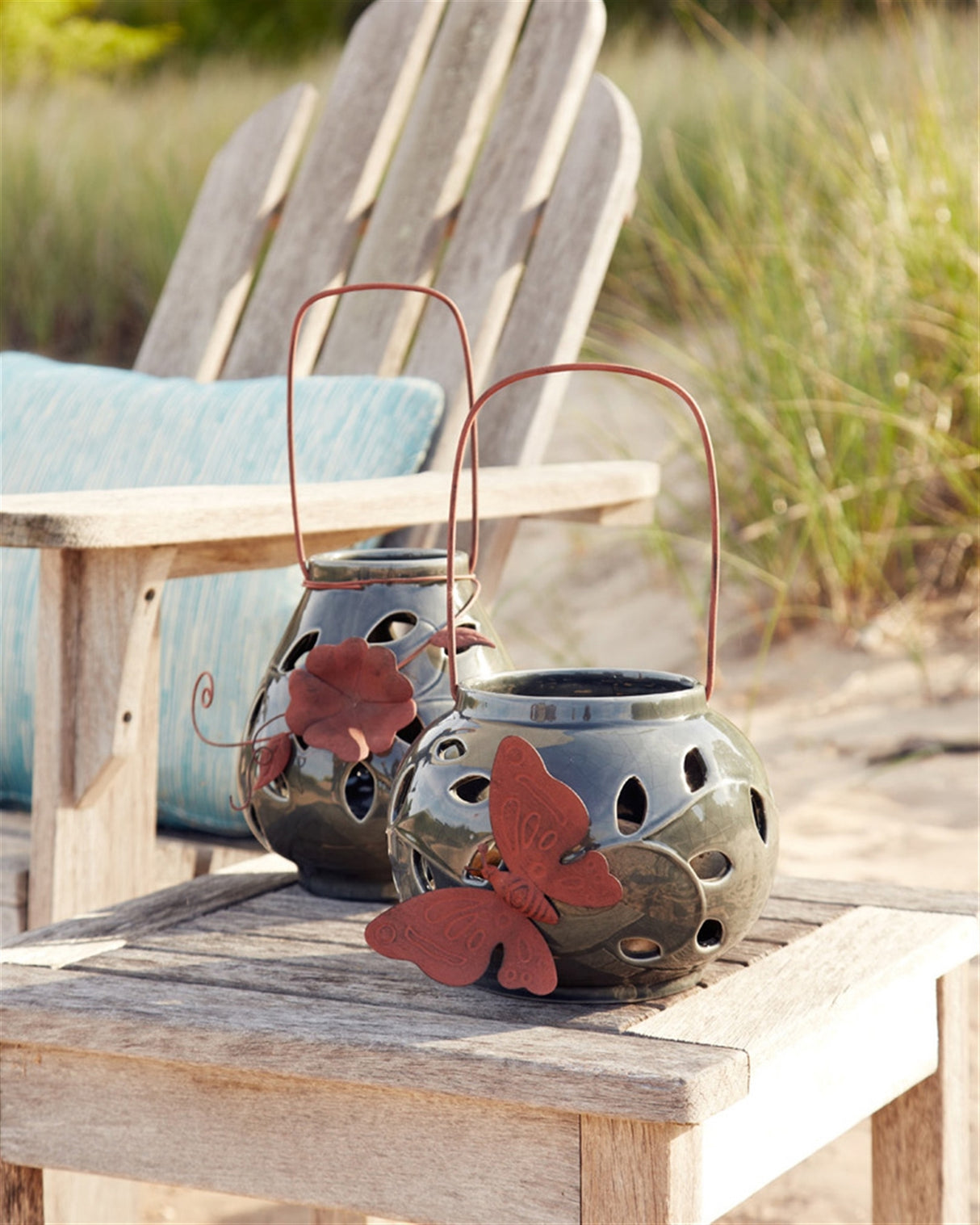 Ceramic lantern candle holder with metal leaf accent (set of 2)