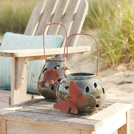 Ceramic lantern candle holder with metal leaf accent (set of 2)