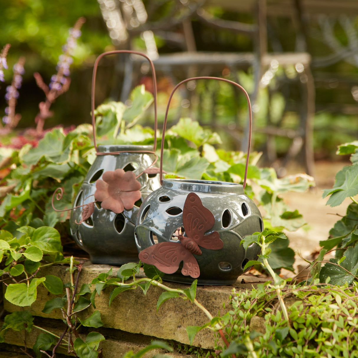 Ceramic lantern candle holder with metal leaf accent (set of 2)
