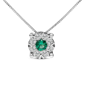 14K White Gold 3.8 MM Green Emerald and 1/3 Cttw Diamond Composite Halo 18" Pendant Necklace (F-G Color, VS2-SI1 Clarity)