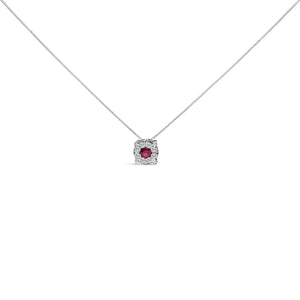 14K White Gold Red Ruby and 1/3 Cttw Diamond Halo Pendant Necklace