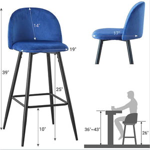 Bar Stool (Set of 2) Modern Counter Bar Height Chair With Back, Sturdy Metal Legs & Footrests, Island Stool For Kitchen Bar - Blue