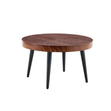 Modern Round Coffee Table - Walnut Pattern MDF And Black Metal Legs