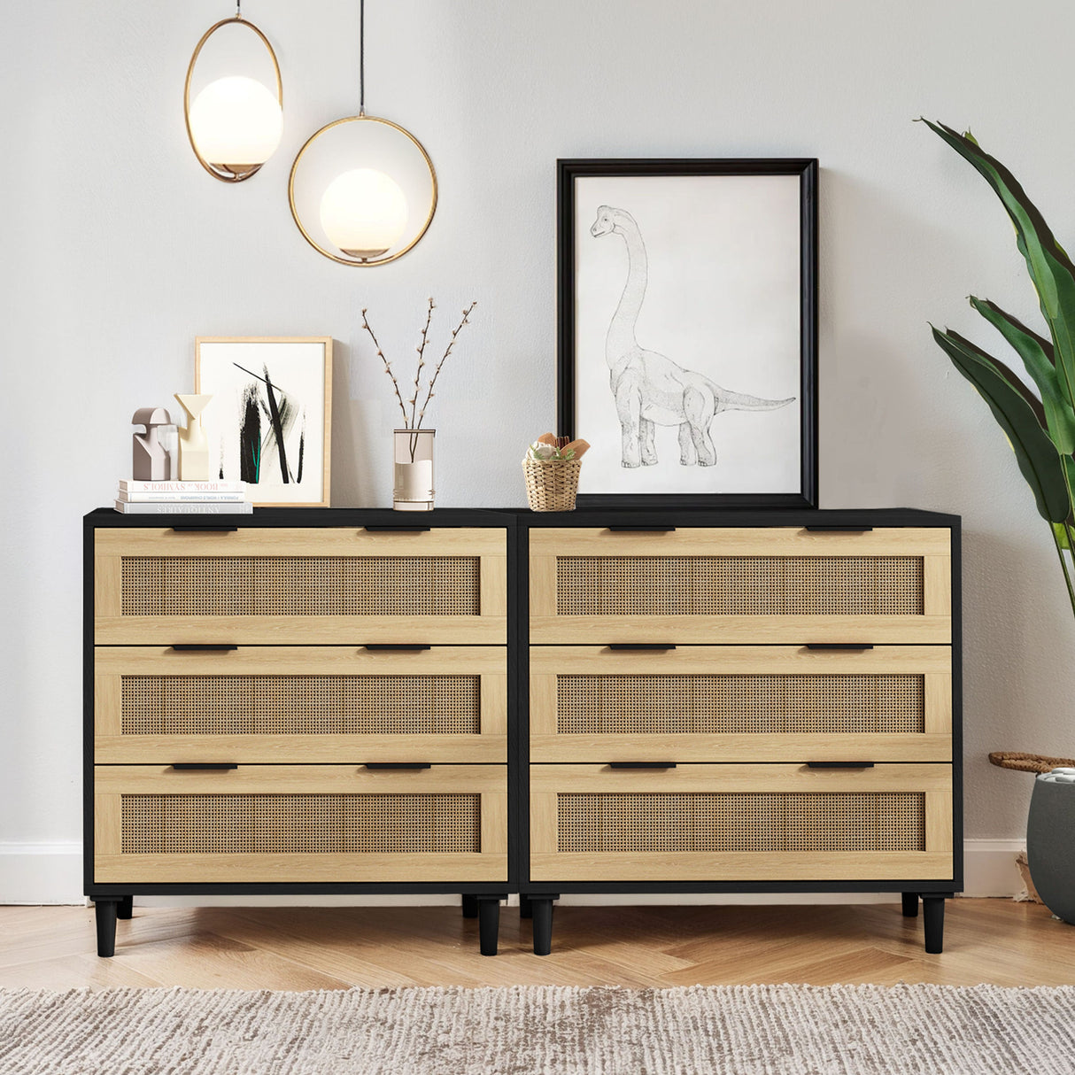3-drawers rattan storage cabinet, black