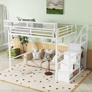 Queen Size Loft Bed with Stairs, Metal Queen Loft Bed with Storage Shelves