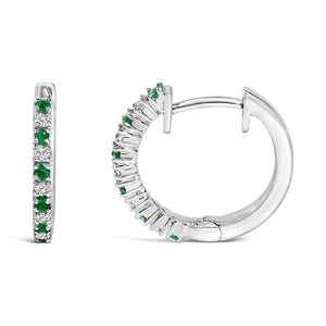 10K White Gold Alternating Emerald 1/10 Cttw Diamond Huggy Hoop Earrings (I-J Color, I1-I2 Clarity)