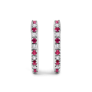 10K White Gold Alternating Diamond and Red Ruby Huggy Hoop Earrings (I-J Color, I1-I2 Clarity)