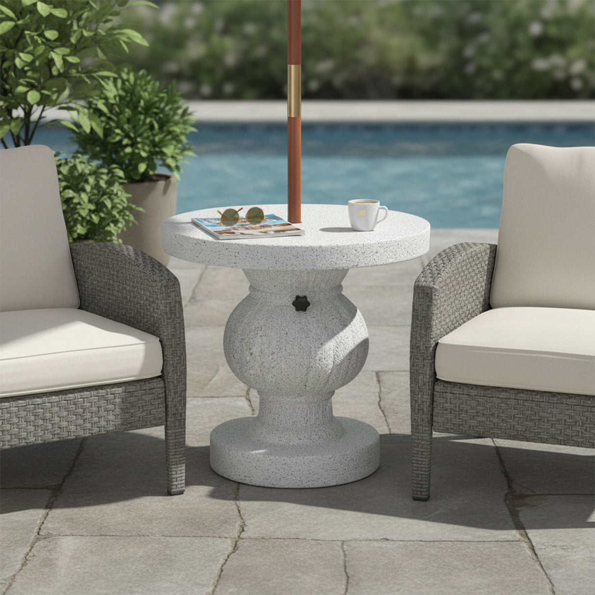 Berra MGO Outdoor Patio Side Table Umbrella Base with Sand-filing Design, White Marble