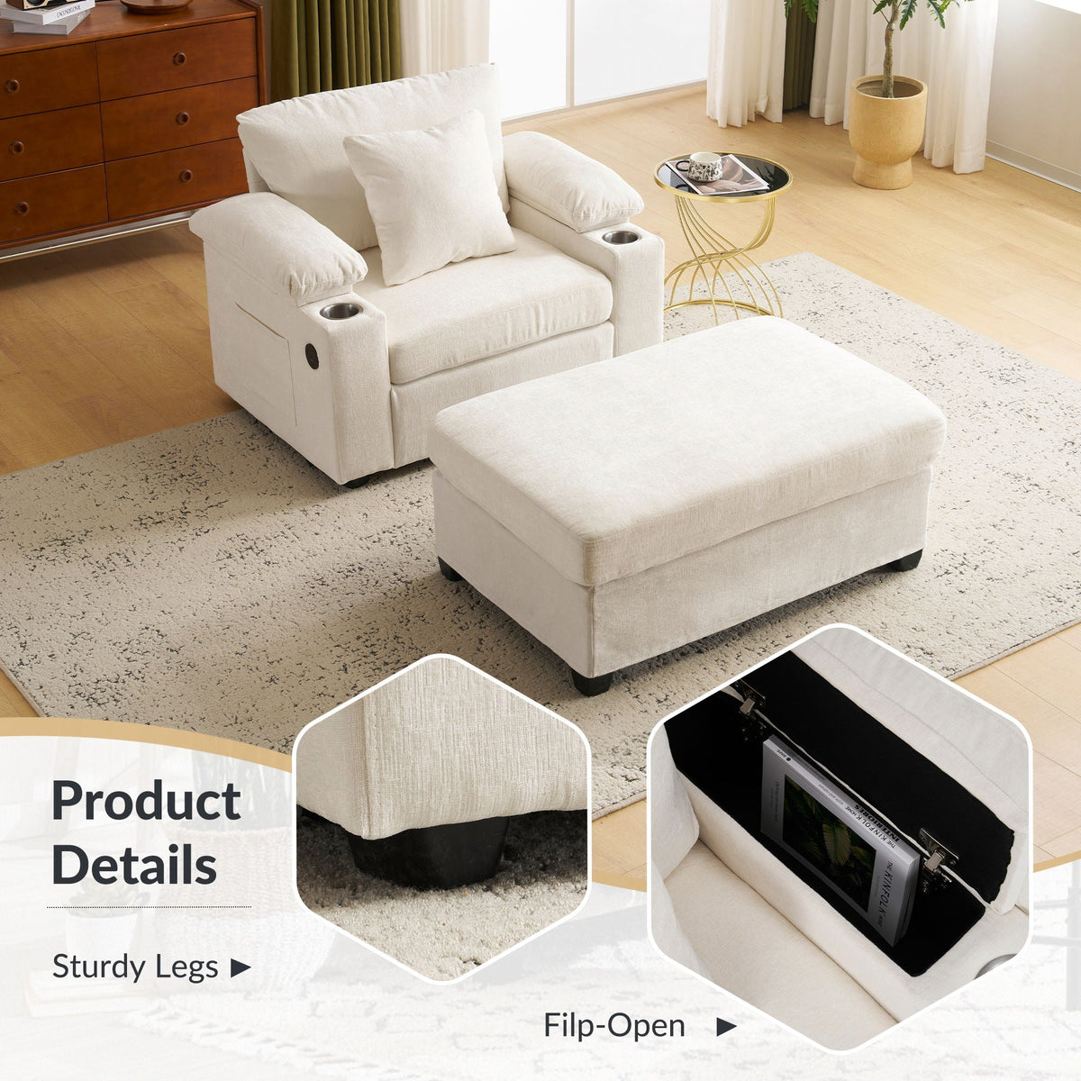 Fabric Sofa Bed With Cupholders And USB Charging Ports Chair For Living Room
