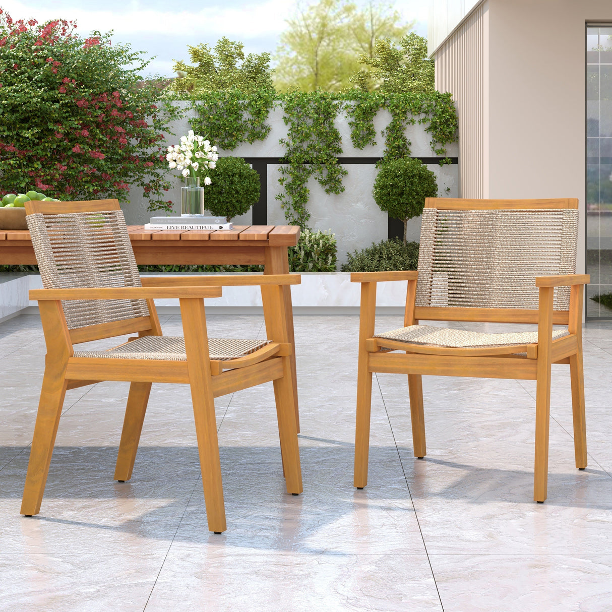 Outdoor Dining Chairs Set of 2 with Teak Finish Wood Frame and Brown Rope