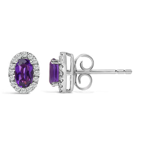 10K White Gold 5x3 MM Oval Purple Amethyst and Diamond Halo Stud Earrings (I-J Color, I1-I2 Clarity)