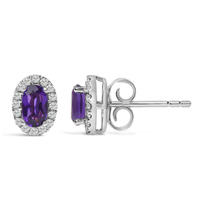 10K White Gold 5x3 MM Oval Cut Birthstone and Diamond Halo Stud Earrings (I-J Color, I1-I2 Clarity)