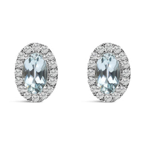 10K White Gold 5x3 MM Oval Cut Birthstone and Diamond Halo Stud Earrings (I-J Color, I1-I2 Clarity)