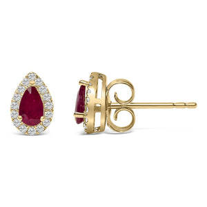 10K Yellow Gold 5X3 MM Pear-Cut Ruby and 1/7 Cttw Diamond Halo Stud Earrings (I-J Color, I1-I2 Clarity)