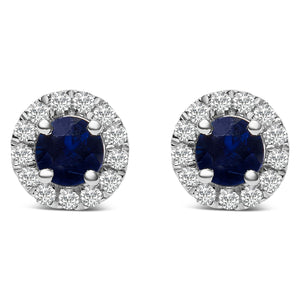 10K White Gold 3.25mm x 3.25mm Round Blue Sapphire and 1/10 Cttw Diamond Halo Stud Earrings (I-J Color, I1-I2 Clarity)