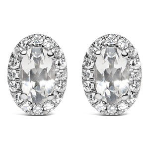10K White Gold 5x3 MM Oval Cut Birthstone and Diamond Halo Stud Earrings (I-J Color, I1-I2 Clarity)
