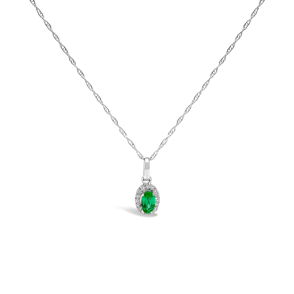 10K White Gold 5x3mm Green Emerald and Diamond Accent Halo Oval Shape 18" Pendant Necklace (I-J Color, I1-I2 Clarity)