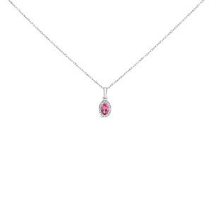10K White Gold 5x3mm Green Emerald and Diamond Accent Halo Oval Shape 18" Pendant Necklace (I-J Color, I1-I2 Clarity)