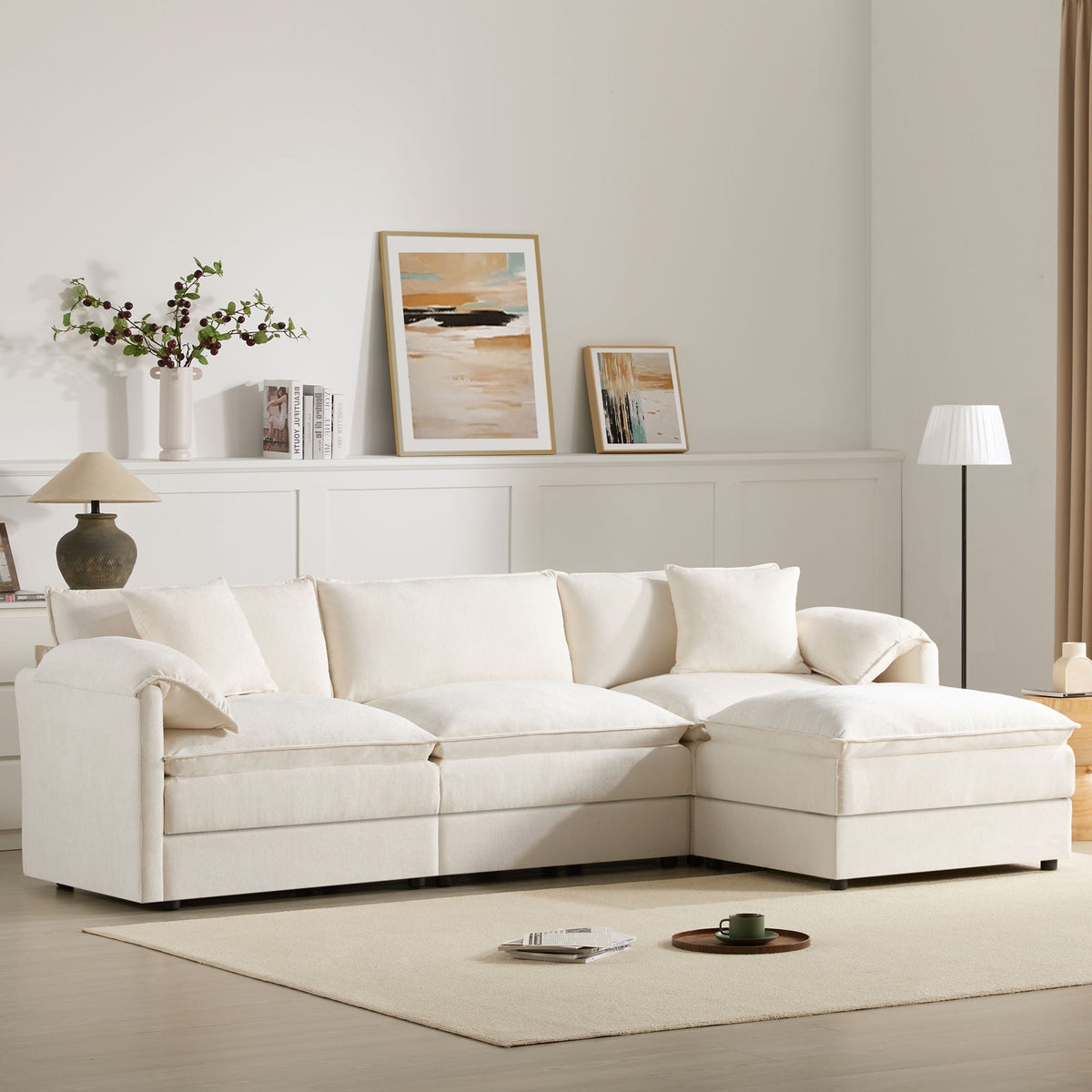 Modular Sectional With Deep And Wide Seat, Cloud Couch Set With Double Cushions Sofa With Movable Ottoman
