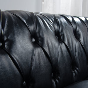 84.65' Black PU Rolled Arm Chesterfield Three Seater Sofa
