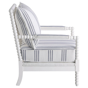 White and Navy Upholstered Stripe Accent Chair with Linen-Like Fabric