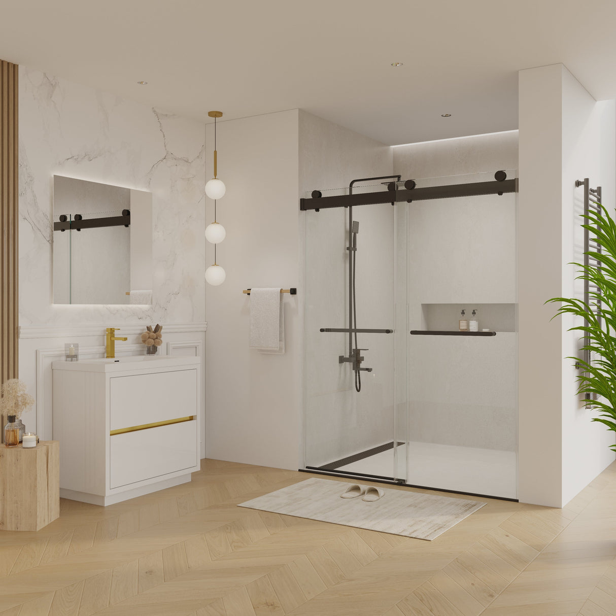 56 to 60 in. W x 76 in. H Double Sliding Frameless Soft-Close Shower Door with Premium 3/8 Inch (10mm) Thick Tampered Glass and Easy-cleaning Coating, Matte