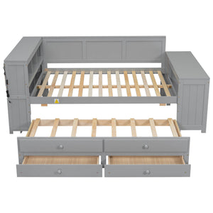 Daybed With Storage Shelves, Drawers, Trundle, Charging Station, LED Light, Desk And Cabinet