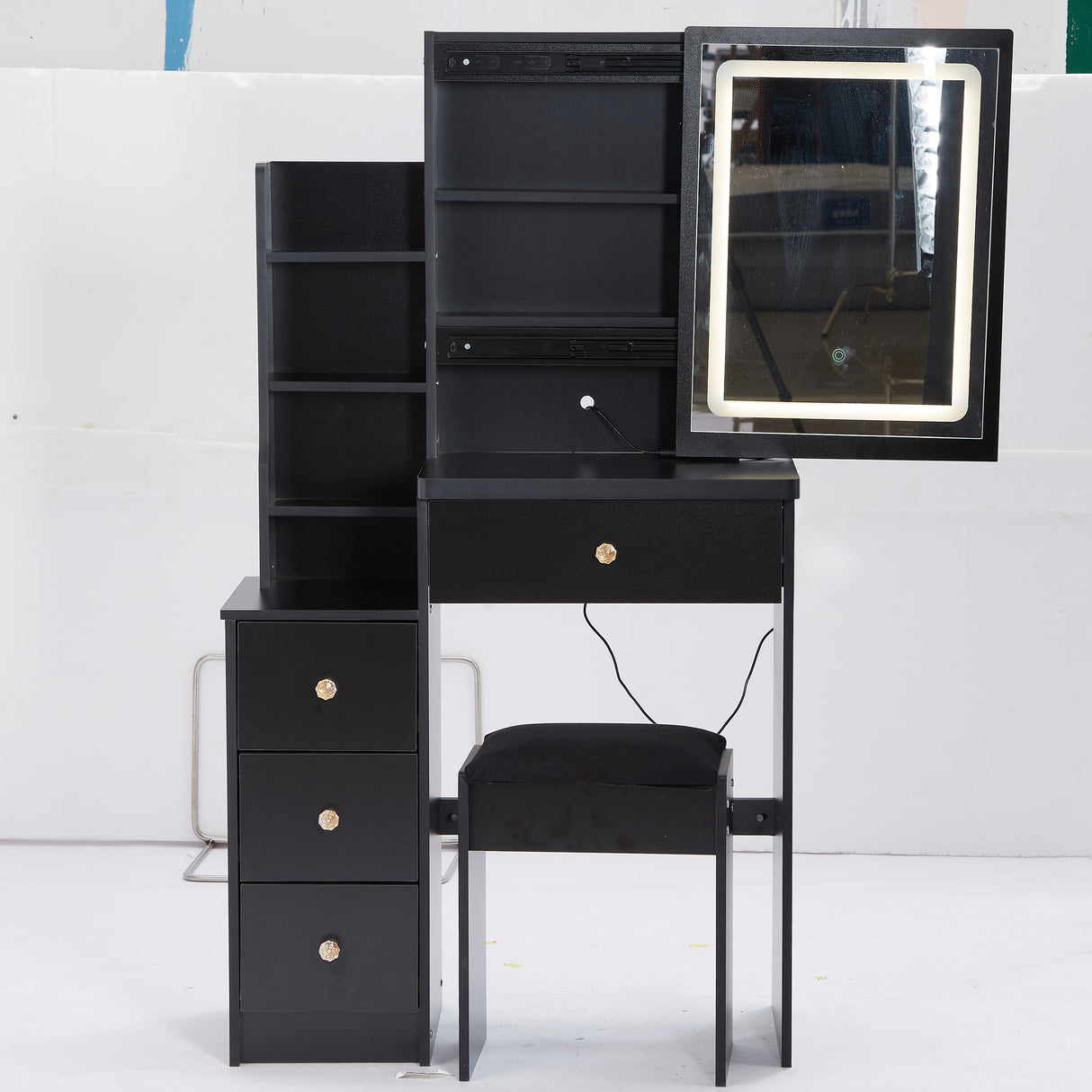 Bedside cabinet vanity table with cushioned stool