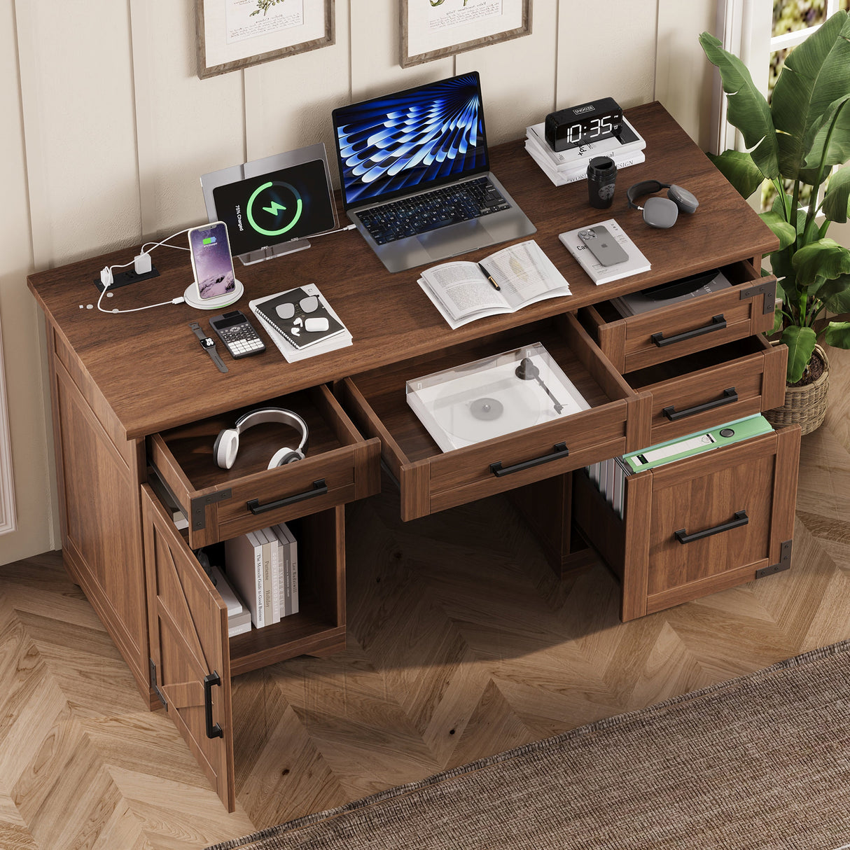 55" Farmhouse Executive Desk with Charging Station