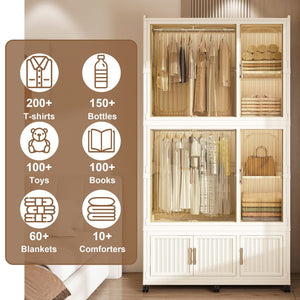 Portable Wardrobe Closet Storage Organizer For Clothes, 9 Magnetic Doors With 9 Cubes & 2 Hanging Rods, 6 Hangers - Cream White