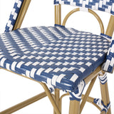 29.5" outdoor pe rattan french barstool, navy blue and white, aluminum frame with bamboo finish (set of 2)