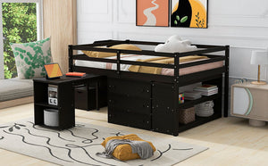 Loft Bed With Retractable Writing Desk And 3 Drawers With Storage Stairs And Shelves