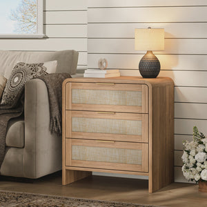 Rattan Nightstand with 3 Drawers set of 2, 22.8' Wide Curved Wooden Bedside Table, Modern Storage for Bedroom, Caramel Oak.