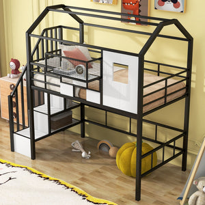 Metal Loft Bed With Roof Design And Storage Box With Guardrails And Integrated Ladder