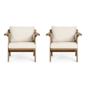 Outdoor Acacia Wood Club Chairs With Cushions (Set of 2) - Teak / Beige