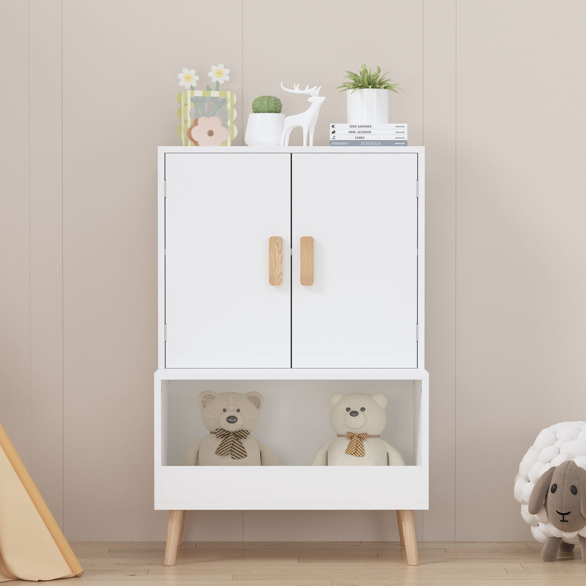 Toy Storage Cabinet with Doors and Open Shelf - White Wood Kids Bookcase