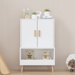 Toy Storage Cabinet with Doors and Open Shelf - White Wood Kids Bookcase