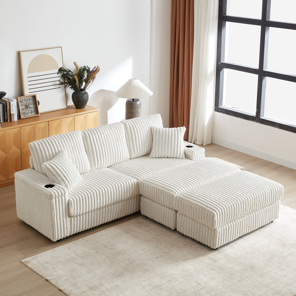 84-Inch Corduroy 3-Seater Sofa with Pillows and Ottomans