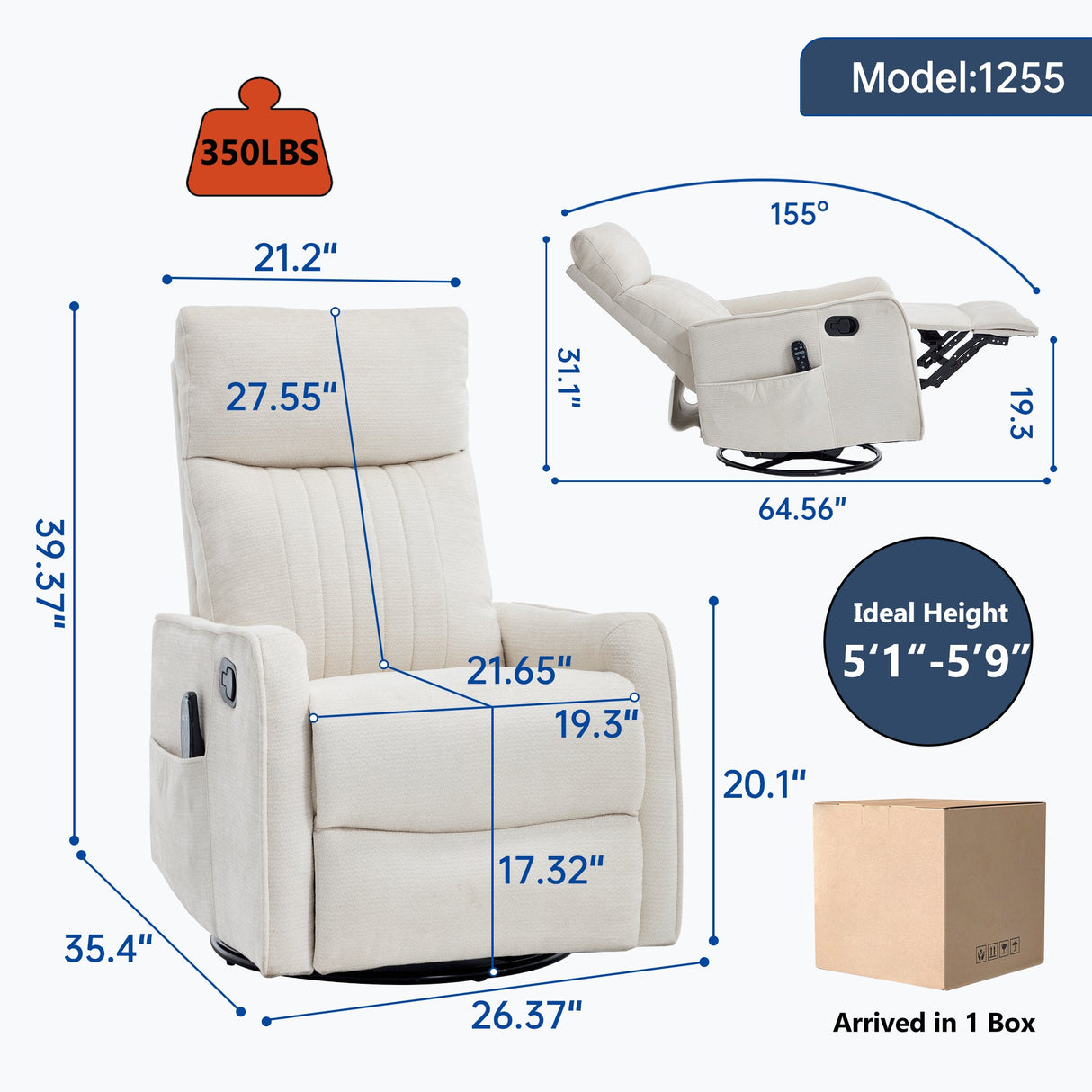 Beige Heat Massage Manual Recliner Chair with Rocker and Swivel