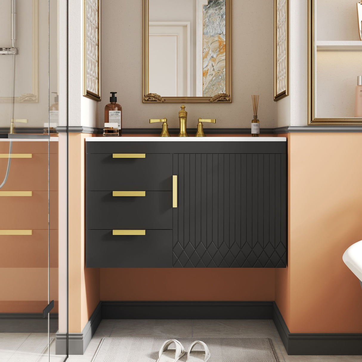 Modern Wall Mounted Bathroom Cabinet with Ceramic Sink, Soft-Closing Drawer and Door