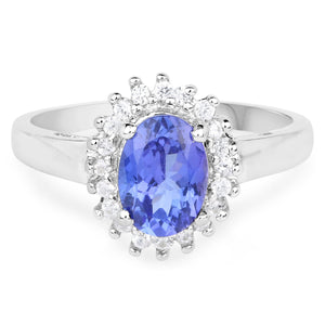 1.45 Carat Genuine Tanzanite and White Zircon .925 Sterling Silver Ring