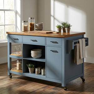 52" Kitchen Island Cart with Rubber Wood Top
