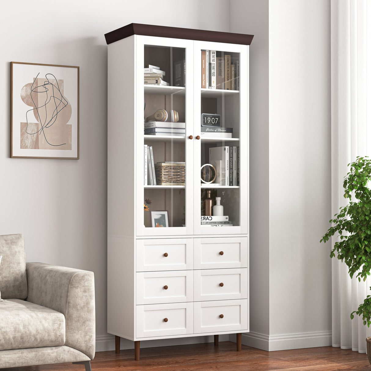 White MDF Display Storage Cabinet with Glass Doors and Adjustable Shelves