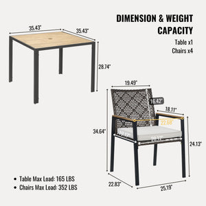 5 Piece Patio Dining Table Set, Acacia Wood Table Top With Umbrella Hole