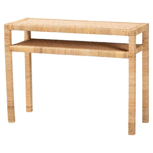 Console Table with One Shelf in Natural Rattan and Wood