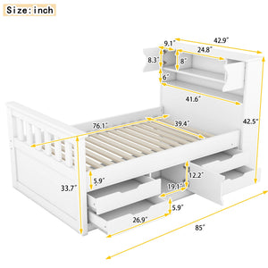 Captain Platform Bed Frame With Storage Bookcases, Shelves, And 4 Drawers